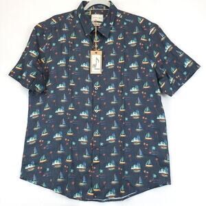 Stitch Note Sailboat European Linen Button Up Shirt Men L Blue Short Sleeve